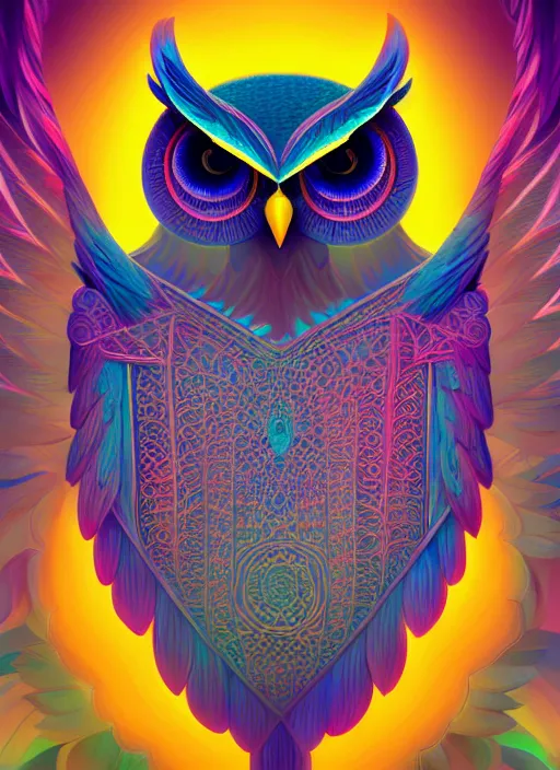 Image similar to symmetry!! product render poster vivid colors divine proportion owl, 神 圣, glowing fog intricate, elegant, highly detailed, digital painting, artstation, concept art, smooth, sharp focus, illustration,