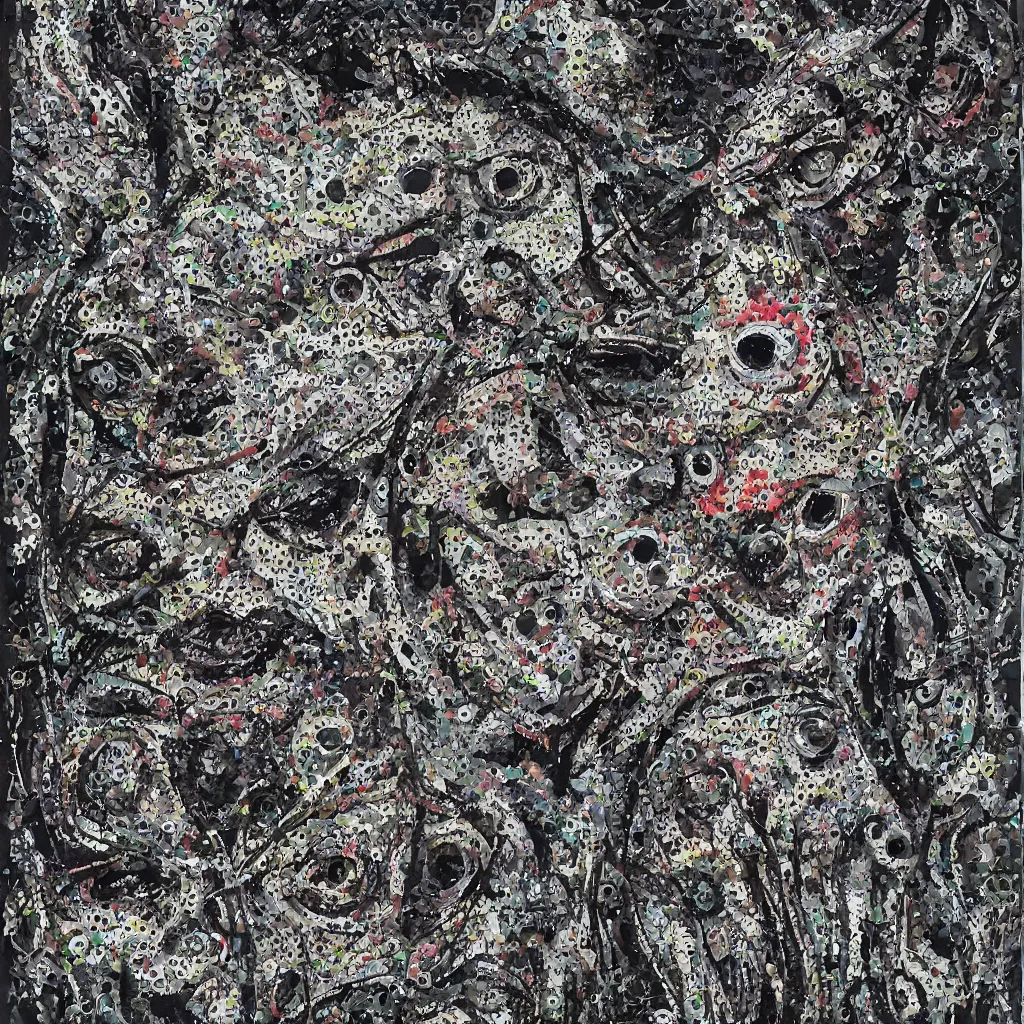 Prompt: camo made of eyes, technical, acrylic, teeth, eerie, tribal, clay, dotting, lines, stipple, points, cybernetic, style of old painting, francis bacon art, rei kawakubo art, hypnosis, eerie, terror, oil, neon, black and white background, splotches, colorful dots, ominous, terror, teeth, smiles