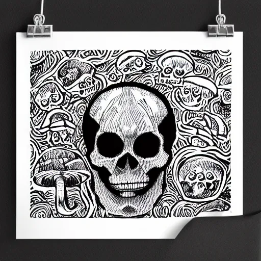 Prompt: skull and mushrooms, bold stylized block print, 4k, black ink on white paper