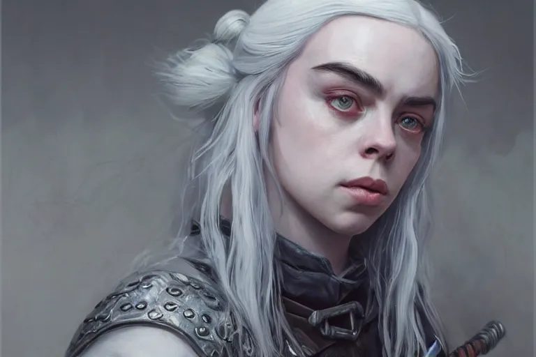 Image similar to A portrait of Billie Eilish as Ciri from the Witcher Game by Ruan Jia and Mandy Jurgens and Artgerm and william-adolphe bouguerea, highly detailed, trending on artstation, award winning, H 768