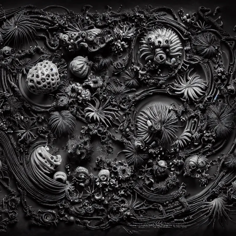 Image similar to still life of surreal alien black tropical flowers, rotten moldy black mold, dripping black paint, surreal alien ribbed black tropical fruit, black human spine, black background, all matte black everything baroque painting, beautiful detailed intricate insanely detailed octane render, 8K artistic photography, trending on Artstation, photorealistic, chiaroscuro, Raphael, Caravaggio