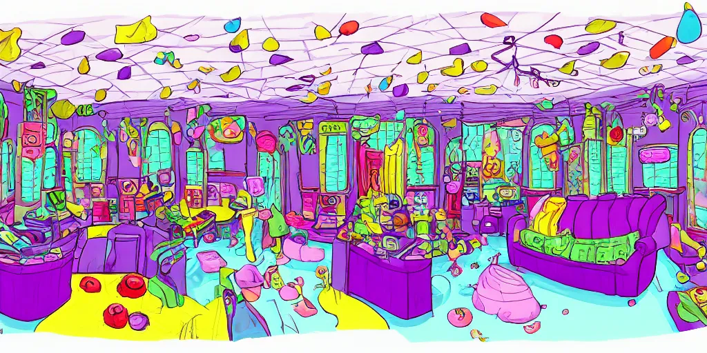 Image similar to a dimly lit, colorful, theater dressing room, made of candy, day of the tentacle style, drawn by Peter Chan