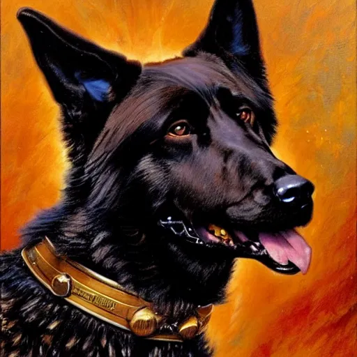 Image similar to a portrait of a manly and muscular and handsome and attractive black german shepherd dogman canine, star trek the next generation. highly detailed painting by gaston bussiere, craig mullins, j. c. leyendecker, furry