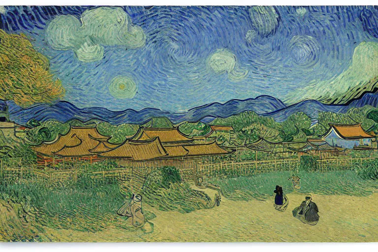 Prompt: japanese scenery in edo period, by vincent van gogh, high saturation