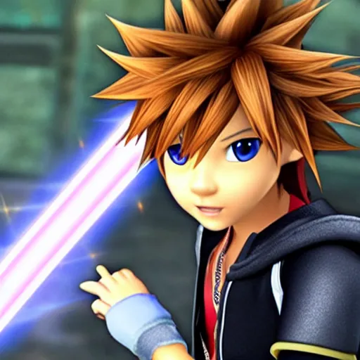 Image similar to sora from kingdom hearts using a laser blade ( from star wars ) instead of a keyblade