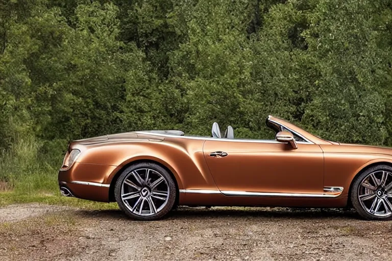 Image similar to modern rusty Bentley Continental GT without gloss no reflections drives along the road of an old Russian village with houses at the edges