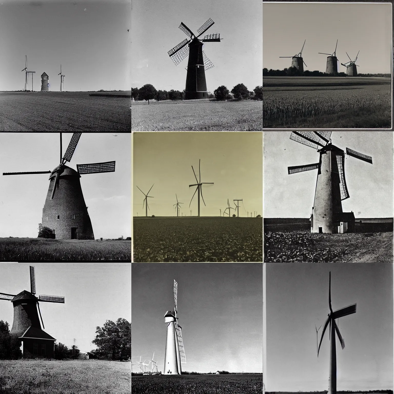 Prompt: a massive skyscraper with windmills and light beacons fixed to the side standing alone built on farmland. 1800s photo.