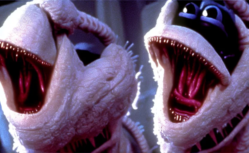 Prompt: vfx film ridley scott's aliens except everything is muppets