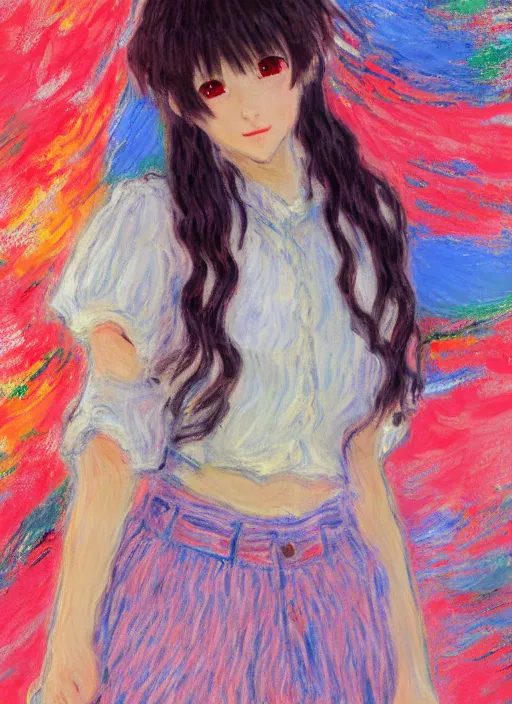 Image similar to a girl wearing thrifty clothing, very anime, trending artwork, 4 k, anime painter studio, an impressionist style by claude monet