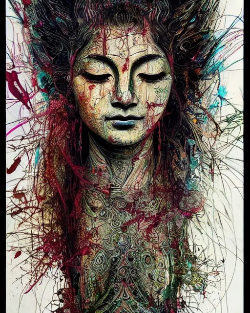 Prompt: strikingly beautiful female bodhisattva, praying meditating, realism, elegant, intricate, portrait photograph!! by Carne Griffiths and David Cronenberg