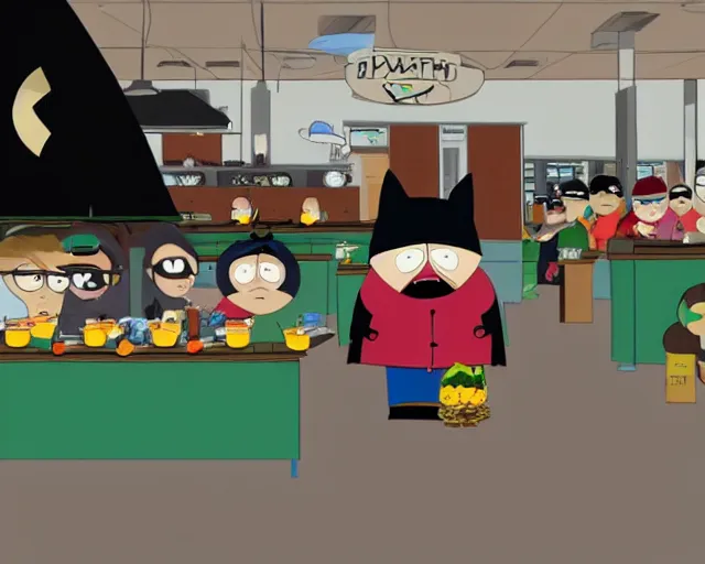 Prompt: batman working at the cafeteria, serving lunch to stan, kyle, cartman and kenny, on an episode of south park, cdx