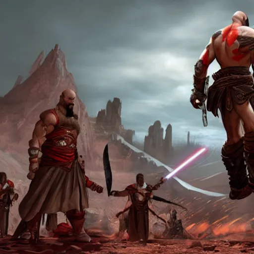 Image similar to kratos from god of war on geonosis from star wars