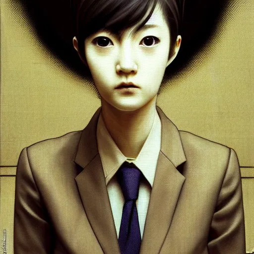 Image similar to yoshitaka amano blurred and dreamy realistic three quarter angle portrait of a young woman with short hair and black eyes wearing office suit with tie, junji ito abstract patterns in the background, satoshi kon anime, noisy film grain effect, highly detailed, renaissance oil painting, weird portrait angle, blurred lost edges