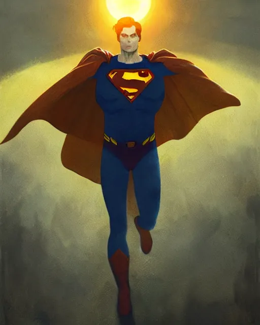 Image similar to superman emerging from the sun, elegant, orange yellow ethereal, horror, fantasy art by greg rutkowski and magali villeneuve and claude monet