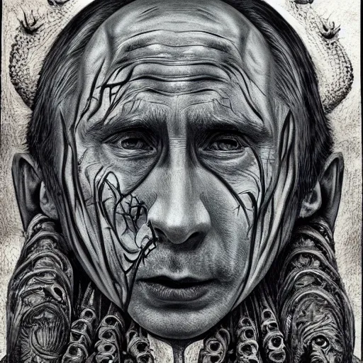 Prompt: bodyhorror portrait of vladimir putin who became an ugly lovecraftian monstrosity, photo - realistic, color image, 2 k, highly detailed, horror, by giger