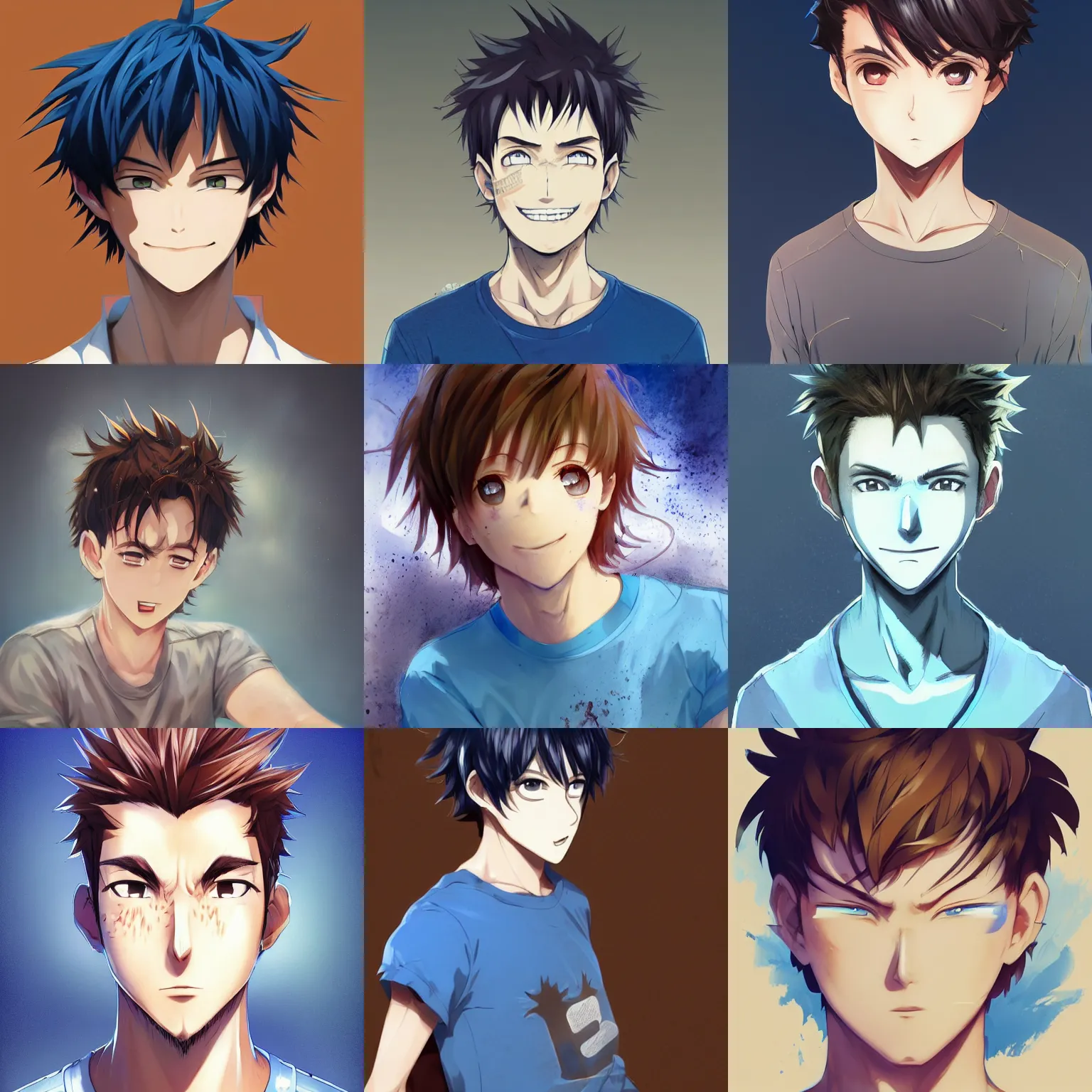 Prompt: A medium shot anime portrait of a happy anime man with extremely short light walnut hair and blue eyes, wearing a t-shirt, short messy spiked hair on top, solid background, by Stanley Artgerm Lau, WLOP, Rossdraws, James Jean, Andrei Riabovitchev, Marc Simonetti, and Sakimi chan, trending on artstation