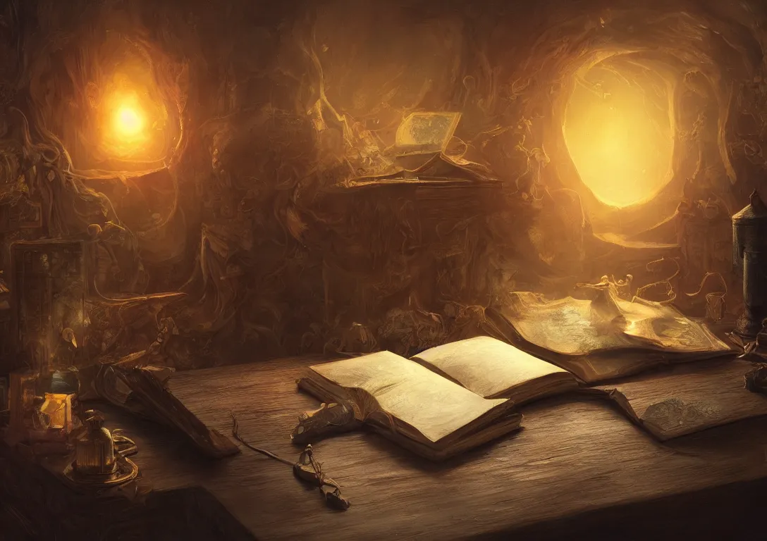 Image similar to a painting of a lone magical book laying open on a desk, fantasy concept art, golden hour, cinematic lighting, highly detailed