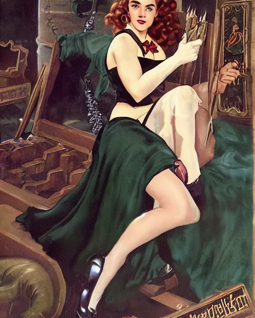 Image similar to pinup photo of hermione granger by emma watson in the crowded square of hogwarts, gil elvgren, enoch bolles, edward robert hughes, henry justice ford, glossy skin, pearlescent, very coherent, very detailed