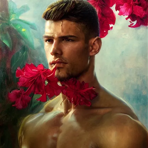 Prompt: handsome portrait of a young guy fitness posing, war hero, flexing, wearing vibrant boxing gloves, surrounded by hibiscus flowers, radiant light, caustics, by gaston bussiere, bayard wu, greg rutkowski, giger, maxim verehin