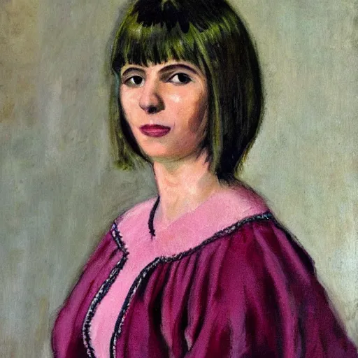 Image similar to portrait of a woman with bangs and blonde hair wearing a pink dress