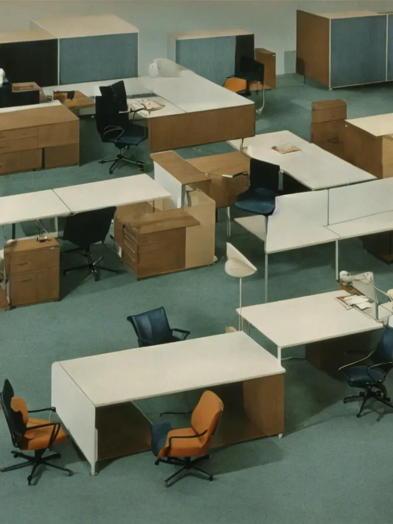 Image similar to a still of severance series indoor 7 0 s furniture office scenario appearing in a film of jacques tati