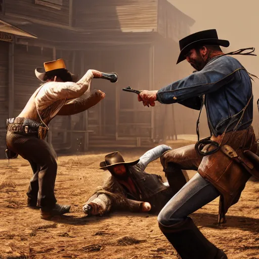 Prompt: a fight between 2 cowboys, in a saloon with broken furniture, in the style of rockstar red dead redemption 2, concept art, 8 k, trending on artstation, brushstrokes