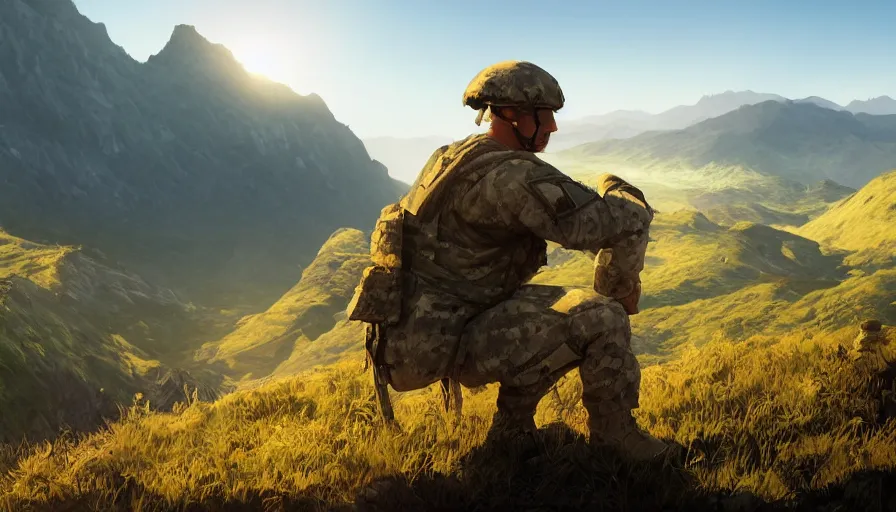 Image similar to side view of a soldier on knees on the edge of a green mountains watching the horizon, sunny day, volumetric light, hyperdetailed, artstation, cgsociety, 8 k