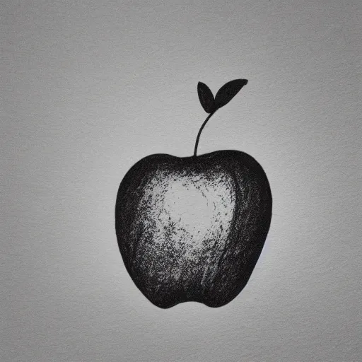 Prompt: a crosshatching ink drawing of an apple brightly lit from one side, silhouette, on a table, white background