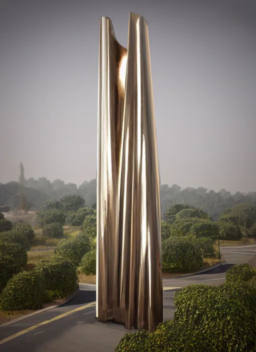 Image similar to highly detailed realistic architecture 3 d render of a metallic wooden stele monument in zaha hadid style standing on a side of a road, archdaily, made in unreal engine 4 octane render