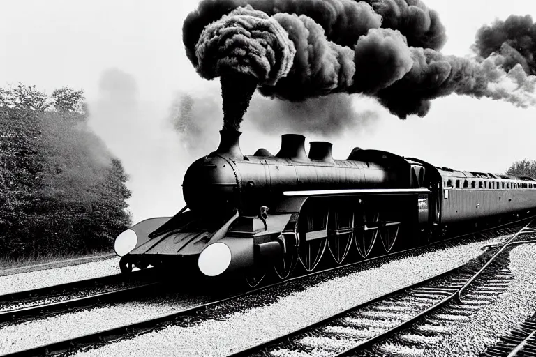 Image similar to black and white photograph of lner a 4 mallard thundering down the rails at high speed, black smoke coming from the locomotive, cinematic, volumetric light, f 6 aperture, cinematic eastman 5 3 8 4 film