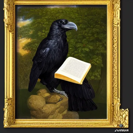 Prompt: beautifully detailed animal portrait of a detailed raven looking at a book laid out on a golden silk cloth, in a serene beautiful stone arched garden at beautiful sunrise by john james audubon and sidney cooper and frederic leighton and by rosetti, 4 k, artstation