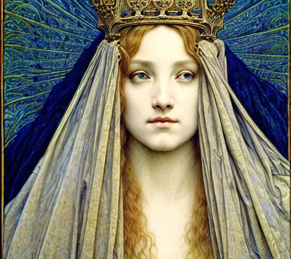 Image similar to detailed realistic beautiful young medieval queen face portrait by jean delville, gustave dore and marco mazzoni, art nouveau, symbolist, visionary, gothic, pre - raphaelite. horizontal symmetry