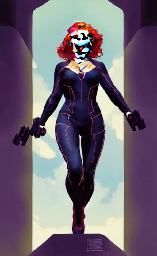 Image similar to rafeal albuquerque comic art, joshua middleton comic art, artgerm, cinematics lighting, night time, pretty scarlett johansson black widow, big smirk, symmetrical face, symmetrical eyes, long red hair, full symmetrical body, flying in the air, jumping off rooftop