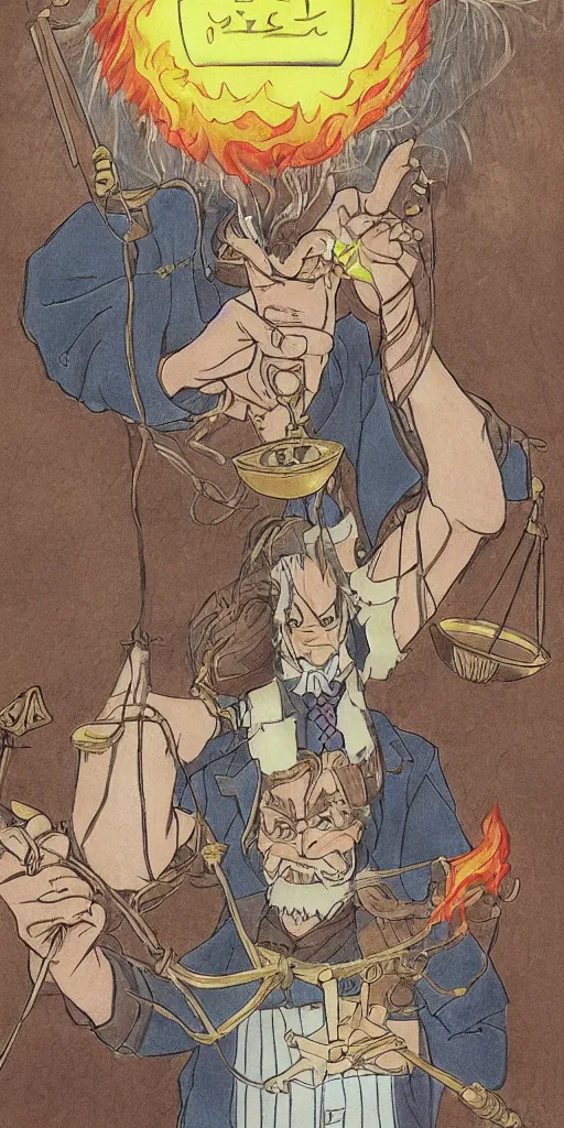 Prompt: powerful judge with a magic gavel on fire, in a court room with a justice scale on his desk, drawn by a famous anime artist Hayao Miyazaki, high quality, fine lines, amazing detail. colored, intricate ink painting, the justice tarot card , psychedelia,