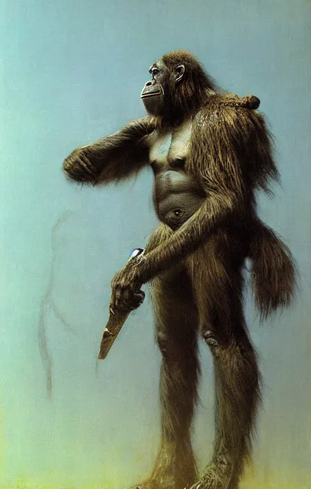 Image similar to tribal ape warrior in tribal armor, beksinski, ruan jia,