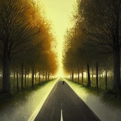 Prompt: The tree-lined avenue Begins to fade from view, Drowning past regrets In tea and cigarettes, artstation, cgsociety