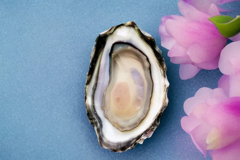 Prompt: a romantic dlsr photoportrait of the very beautiful oyster in the field of flowers. pastel colors, blurred background. sharp focus on the oyster, 5 0 mm lens, professional light, aerial shot from the drone