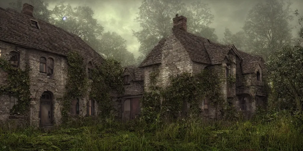 Image similar to photorealistic, ruined english cottage, overgrown vegetation, apocalypse, night, fog, shadowy creatures lurking, hyperrealistic, grimdark, artstation