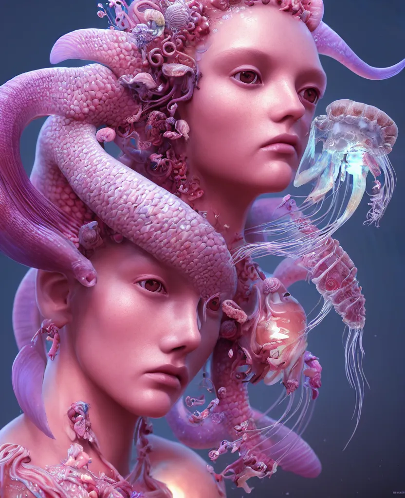 Image similar to goddess princess beautiful face close-up portrait ram skull zbrush sculpt. jellyfish phoenix head, nautilus, orchid, skull, betta fish, bioluminiscent creatures, intricate artwork by Tooth Wu and wlop and beeple. octane render, trending on artstation, greg rutkowski very coherent symmetrical artwork. cinematic, hyper realism, high detail, octane render, 8k