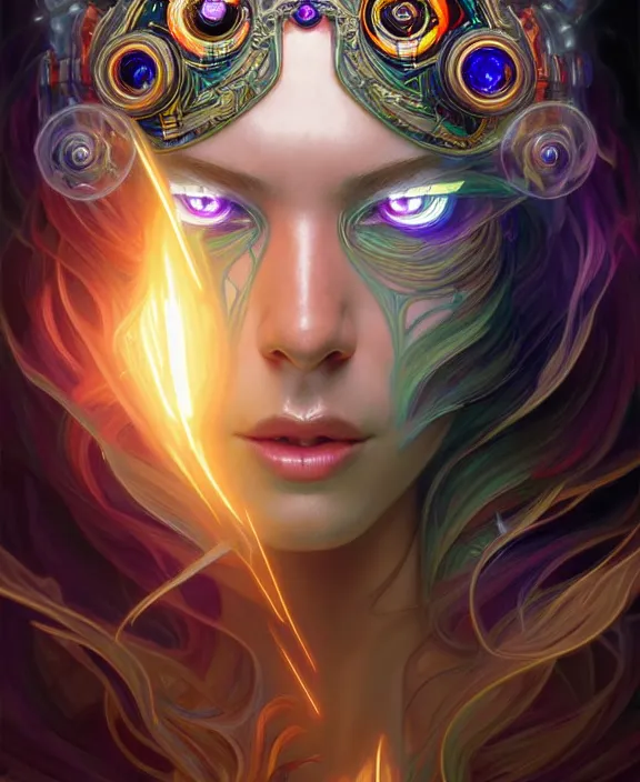 Image similar to a whirlwind of souls rushing inside the metaverse, half body, glowin eye, tiara with sapphire, pharaoh, android, cyborg, cyberpunk face, d & d, fantasy, intricate, elegant, highly detailed, colorful, vivid color, digital painting, artstation, concept art, art by artgerm and greg rutkowski and alphonse mucha and ruan jia