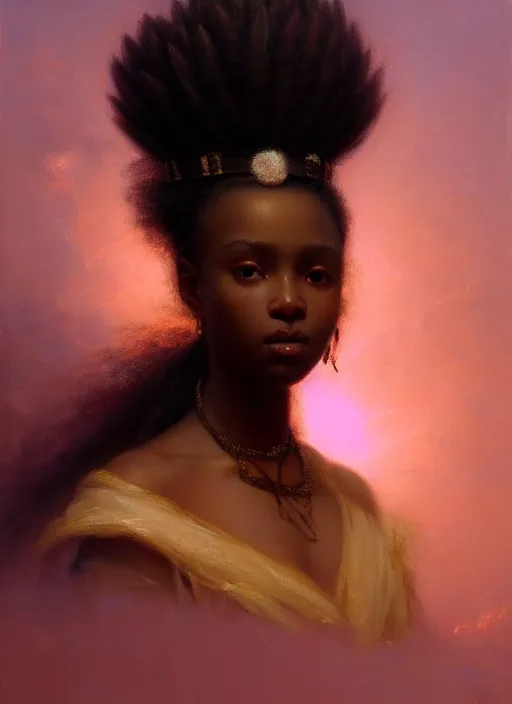 Image similar to stunning african princess, detailed pink and white protea head peace against a black backdrop by ivan aivazovsky, wlop, oil painting, beautiful soft lighting, muted colours, artstation