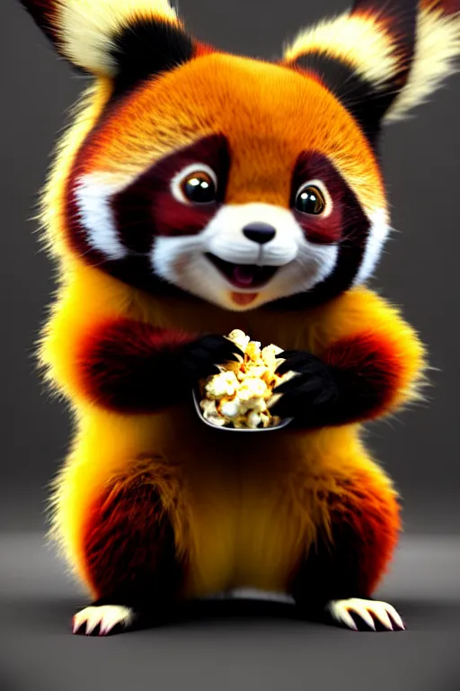 Image similar to high quality 3 d render hyperrealist very cute gothic happy red panda & koala hybrid eating popcorn, vray smooth, detective pikachu, very dramatic light, low angle, uhd 8 k, shallow depth or field