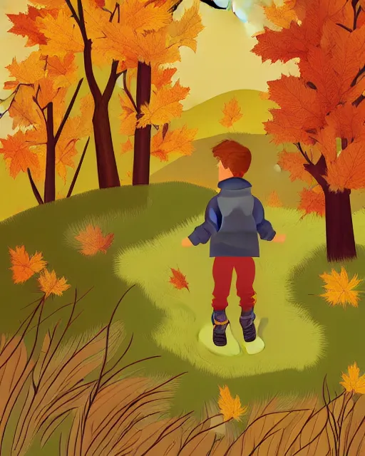 Image similar to autumn hillside boy hiking illustration detailed, by alba ballesta gonzalez