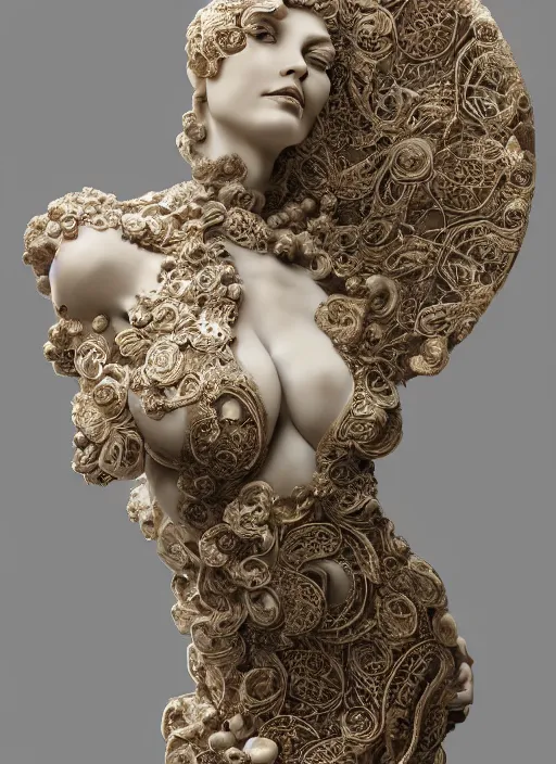 Image similar to marble sculpture of beautiful woman, mandelbulb, hypercube, ivory carving, fractal paisley inlay, lace, intricate, elegant, highly detailed, gold inlay, metallic, ivory, artgerm, lace, by ruan jia, greg rutkowski, mucha, zbrush, nick alm