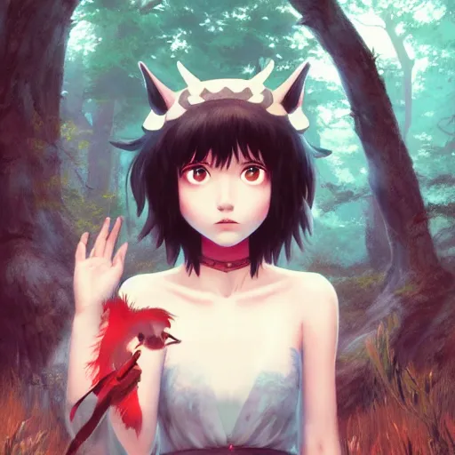 Prompt: realistic princess mononoke by ross draws, forest background by ilya kuvshinov, digital anime art by ross tran, composition by sana takeda, lighting by greg rutkowski