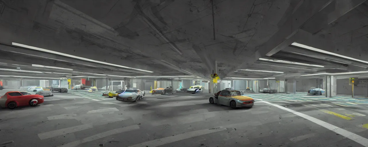 Prompt: highly detailed underground parking garage, cars, trucks, fisheye, fluorescent ceiling lights, ((curbs)), ((speed bumps)), (pavement markings), by Beeple and Syd Meade, concept art, octane render, 8k HDR, artstation