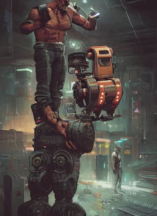 Image similar to Tough Gregory. Buff cyberpunk meathead wrestling a small robot. Realistic Proportions. Epic painting by James Gurney and Laurie Greasley. Moody Industrial setting. ArtstationHQ. Creative character design for cyberpunk 2077.