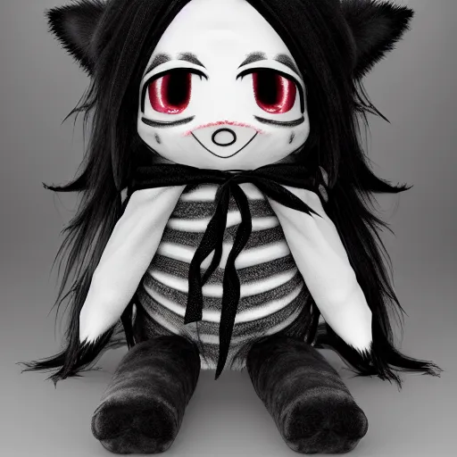 Image similar to cute fumo plush of a long - haired and tattered orphan cursed with the power of the shadows, black and white, vray