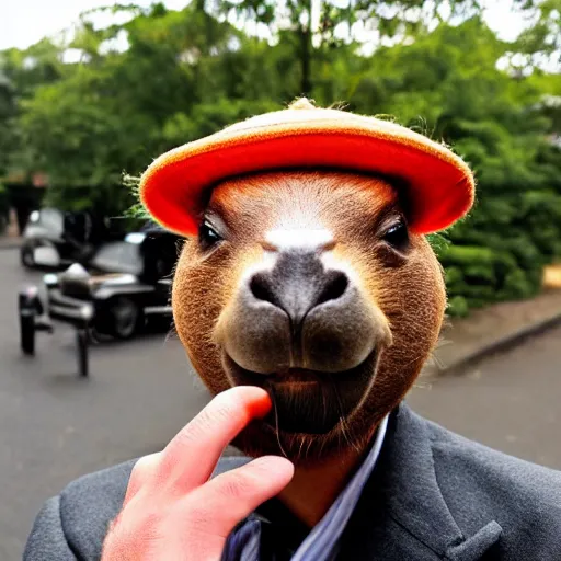 Image similar to smoking cigar, a man wearing a suit capybara head wearing a hat (smoking cigar)