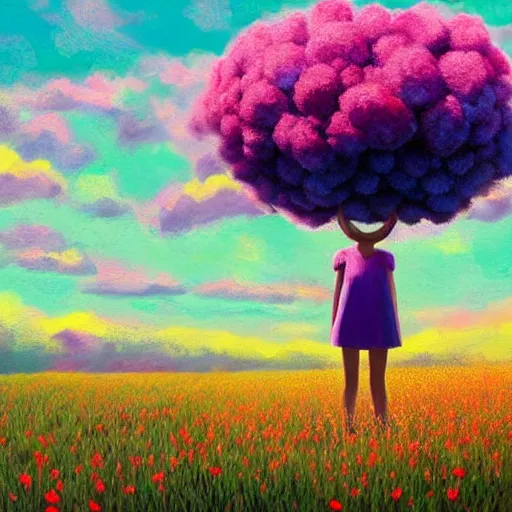 Image similar to big flower afro, full body, girl standing in the middle of a field with flowers, surreal photography, hills, sunrise dramatic light, impressionist painting, colorful clouds, digital painting, pointillism, artstation, simon stalenhag